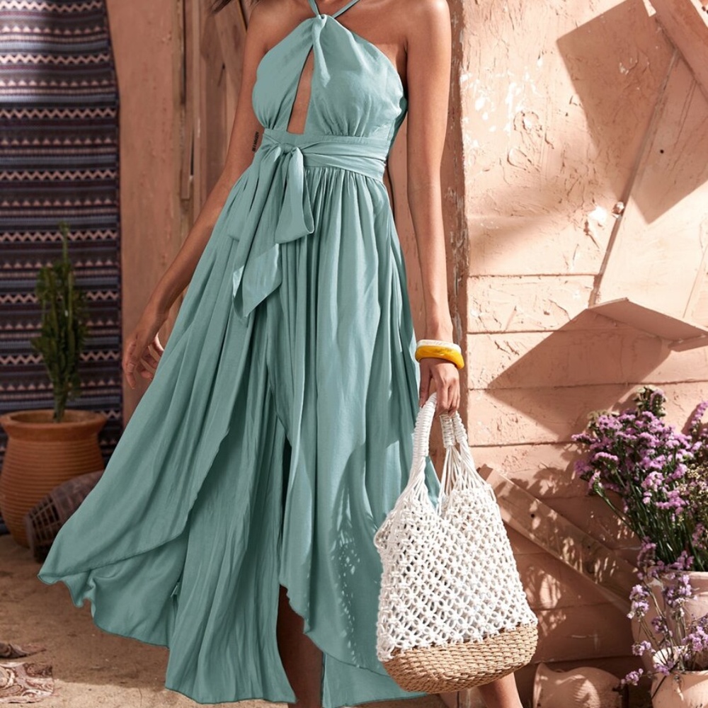 Boho Mint Belted Halter Ruffle Front Slit Dress - Picture 2 of 7